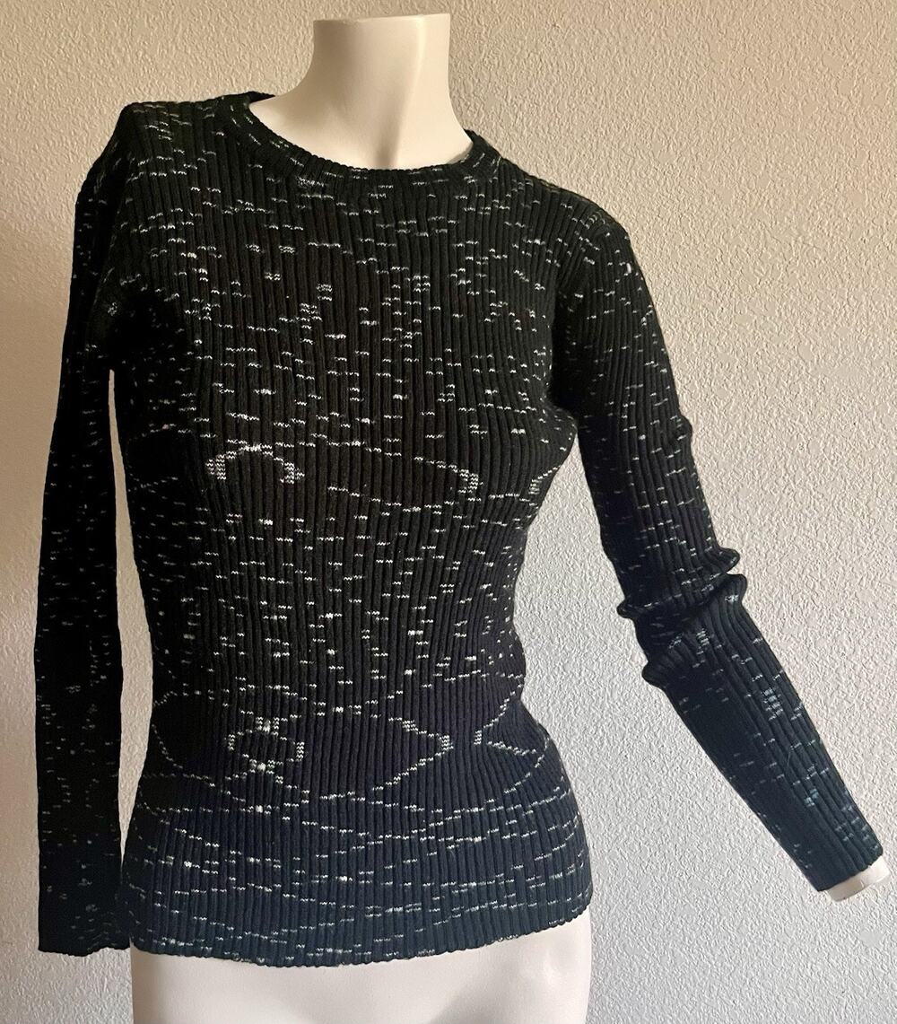 Vintage Pierrot 100% Cashmere Sweater Womens S Black Blue Abstract Ribbed Knit